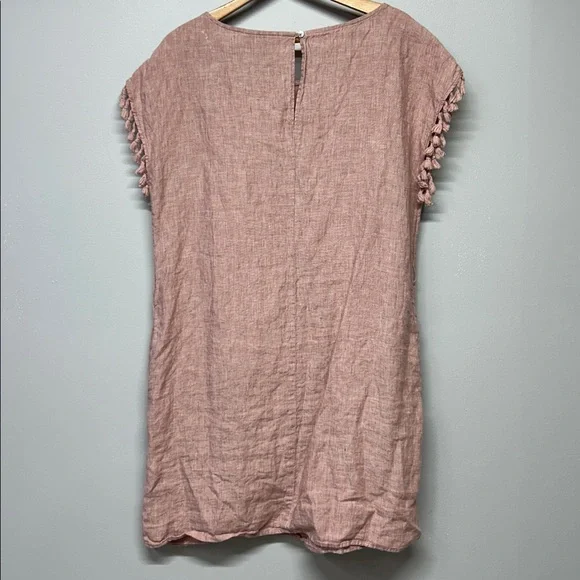 Antibes Blanc 100% Linen Dusty Rose Tunic Dress L Tassel Sleeve Coastal Minimal - Picture 5 of 5